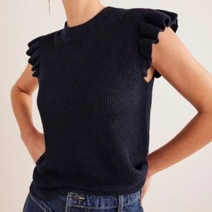 Boden Navy Ribbed Frill Linen Vest, XL